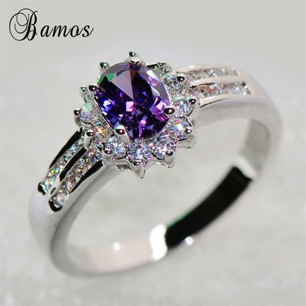 Anneaux de bande Bamos élégant femme violet ovale anneau couleur argent bijoux Vintage anneaux de mariage pour les femmes naissance pierre cadeau Z0327