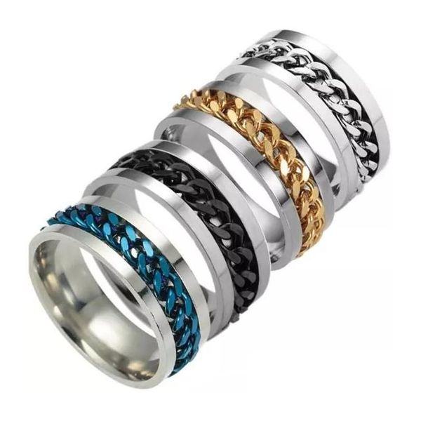 Anillos de banda Anillos de banda 5 colores para hombre Acero inoxidable Oro Negro Sier Cadena Anillo giratorio Dedo Marea Personalidad Gota Entrega Joyería Dhff1