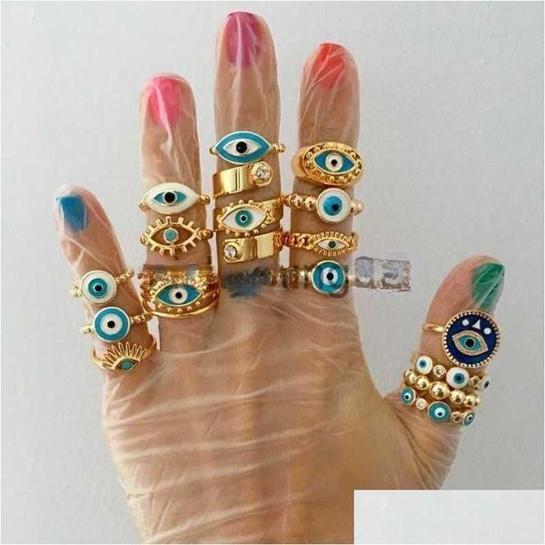 Anillos de banda Anillos de banda Moda Azul Turco Mal de Ojo Cobre Color Oro Dedo Ajustable para Mujeres Plateado Joyería de Moda Gota Dhgarden Dhf45