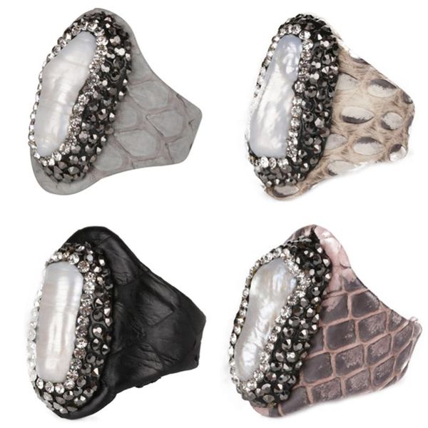 Anillos de banda Gran abalorio de perlas de agua dulce Pavé de diamantes de imitación en gris real Negro Rosa Verde Cuero de serpiente Puño abierto Ajustable Unisex