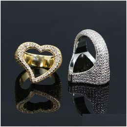 Bandringen Big Heart Ring Fl Micro Paved Iced Out Bling Zirkonia Hiphop Lover Luxe Punk Sieraden voor mannen en vrouwen Drop Deliver Dhhft