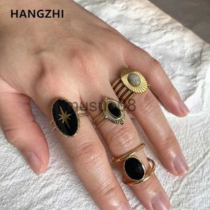 Bandringen zwarte email Open ring voor mannen vrouwen grote dikke geometrische holle vintage natuursteen roestvrijstalen ringen unisex sieraden J230817