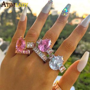 Anillos de banda Bling en forma de pera zirconia cúbica pavimentada Color oro rosa Pricess corte completo cz banda anillo de compromiso de boda para mujeres 230511