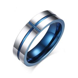 Bagues de bande Couleur Bleu Mode Simple Hommes Tungstène Acier Croix Bague Bijoux Cadeau Pour Hommes Garçons J030279Z Drop Livraison Dhmyz