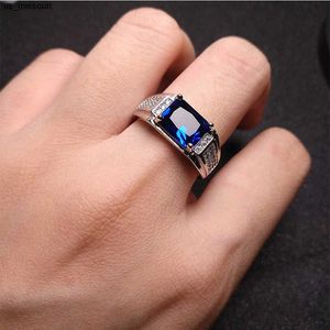 Bandringen Blue Crystal Sapphire Topaz Gemstones Zirkon Diamonds Rings For Men 18K White Gold Gevulde sieraden Bague Trendy Bands Accessoires J230522