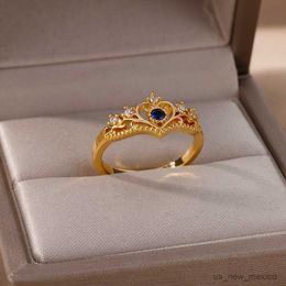 Anéis de banda azul zircão anéis de coroa para mulheres anel de coroa ajustável de aço inoxidável 2023 design de tendência casamento feminino jóias R230719