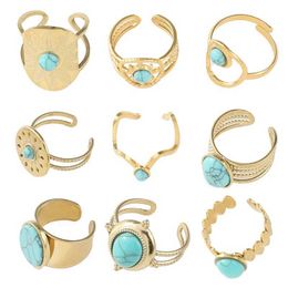 Anneaux de bande Bohême vert pierre naturelle anneaux d'ouverture pour les femmes en acier inoxydable Vintage géométrique creux doré bagues bijoux cadeaux 240125