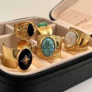 Bandringen Bohemia Turquoise Natural Stone Wide Open Rings for Women 14K Gold Golde roestvrijstalen ringvingerringen vrouwen sieraden geschenken J230817