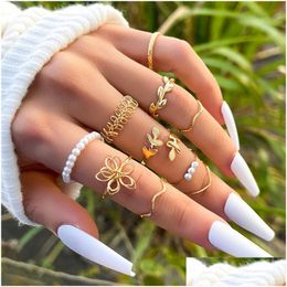 Bandringen Boheemse Goudkleurige Kettingringen Set Voor Dames Mode Faux Parel Decor Party Trend Sieraden Cadeau Drop Delivery Jewe Dhgarden Otbbt