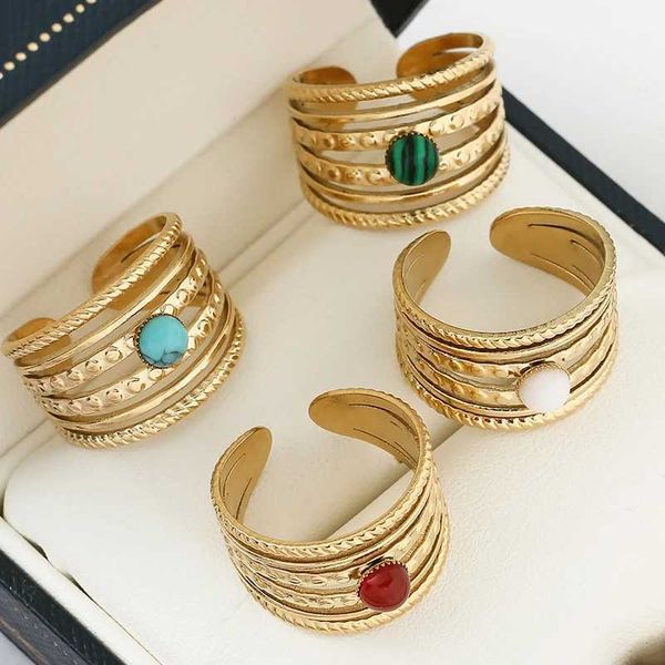 Anillos de banda Anillo bohemio Anillos de acero inoxidable para mujer Anillos multicapa huecos chapados en oro Joyería de piedra natural turquesa Tendencia 2022 240125