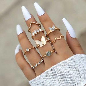 Bandringen Boheemse zirkoon vlinderringset voor dames vintage gouden kleurgolf geometrische strass metalen knokkel ringen 2023 nieuwe sieraden aa230426