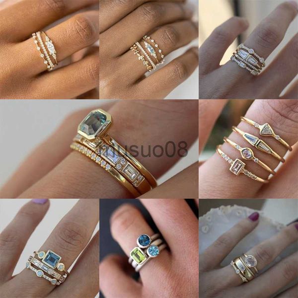 Anillos de banda boho 4pcs/set anillos de cristal azul de lujo para mujeres accesorios de joyería de boda de color oro amarillo regalos de mujeres anillo de promesa j230817