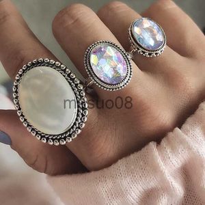 Anillos de banda Boho Big Opal Stone Colorido Midi Rings Juego para mujeres Nuevo diseño RETRO Color de plata