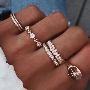 Bandringen Boho Gold Color Crystal Star Knuckle Midi Ring Set voor Women Metal Geometric Finger 6pcs/1set Anillos 6834