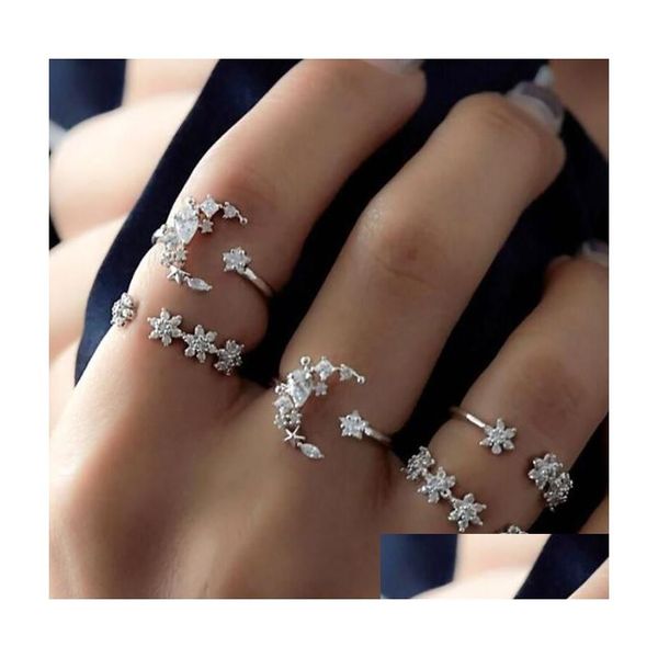 Anillos de banda Boho Star Anillos abiertos Set Sier Moon Joint Knuckle Ring Crystal Finger Jewelry para mujeres y entrega de gota Anillo de joyería Dh5Id