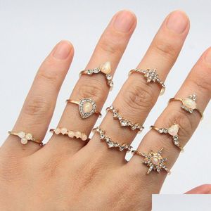 Bande Anneaux Boho Vintage Or Star Knuckle Anneau Pour Les Femmes Cristal Croissant Géométrique Femelle Doigt Ensemble Bijoux 2022 Drop Delivery Dhdy7