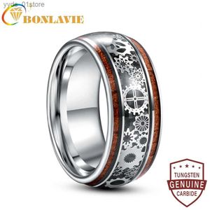 Anneaux de bande BONLAVIE 10mm incrusté de Grain de bois motif d'engrenage tungstène Caide anneau hommes mode bijoux de mariage meilleur cadeau AAA qualité L240305