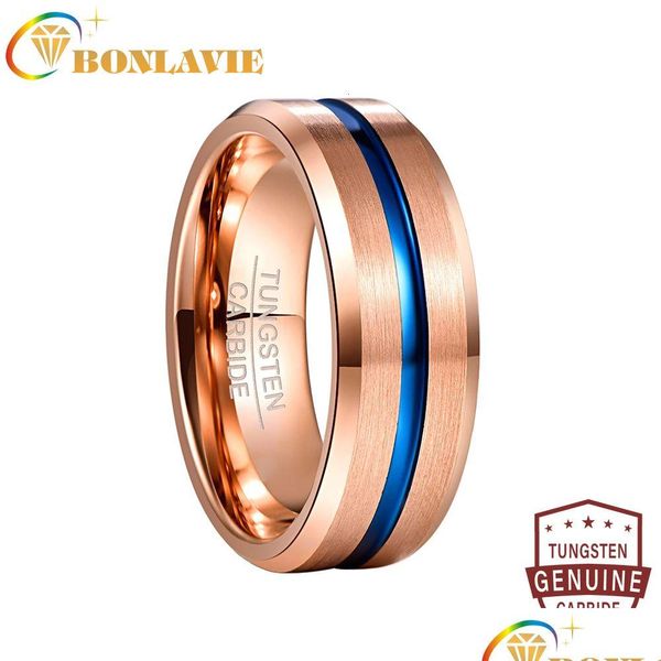 Anillos de banda Bonlavie 8 mm de ancho Carburo de tungsteno FL Oro rosa Ángulo de ranura azul Boda Acero para hombre 221119 Entrega de gota Dh6Tn