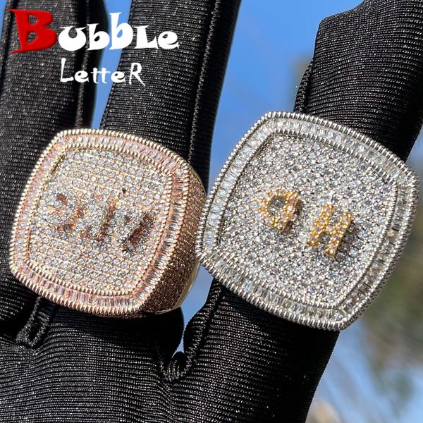 Band anneaux Bubble Letter Personnalized Men's Name Annel All Ice Cubic Zirconia Fork Set Hip Hop Bijoux 230724