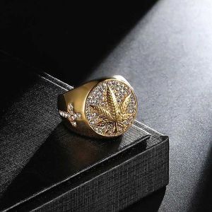 Bandringen Business Mens Gold ingelegde Maple Leaf Ring Heren Punk ingelegde witte zirkoon bruiloft sieraden J240516