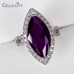 Anillos de banda Cellity Classic Silver 925 Anillos con 10 * 20 mm Big Amethyst Gemstone Horse Eye Zircon Lady Fine Jewelry Women Party Wholesale J230517