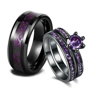 Anneaux de bande charme Couple romantique violet ensemble à la mode hommes en acier inoxydable celtique Dragon anneau bijoux de mode 231123
