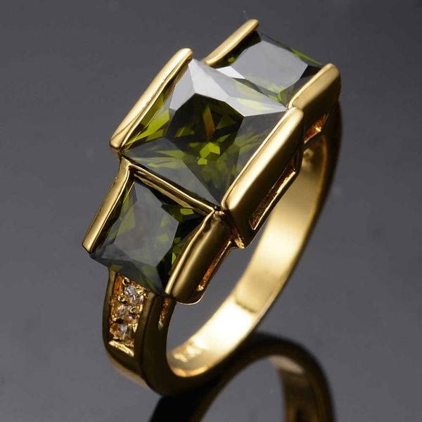 Bande Anneaux Charme Femme Vert Olive Cristal Pierre Anneau Or Jaune Couleur Anneaux De Mariage Pour Les Femmes Vintage Mariée Carré Bague De Fiançailles G230213