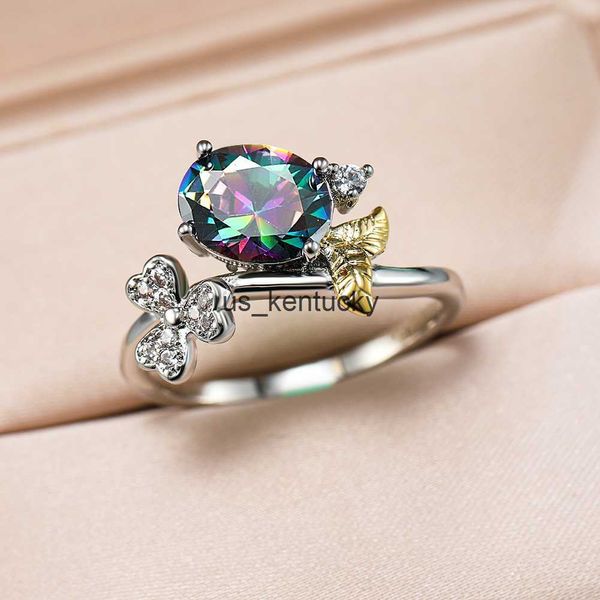 Anillos de banda Charm Flower Alianzas de boda Mystic Rainbow Fire Zircon Anillos ovalados para mujeres Color plata Promesa Anillo de compromiso Joyas para niñas