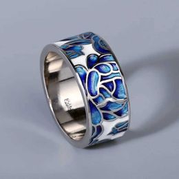 Anneaux de bande Classic Epoxy Ematel Blue Flower Ladies Ring 925 Silver for Bijoux Wedding Bridal H240425