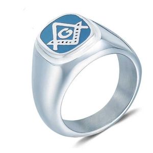 Bandringen Klassieke Vrijmetselaarsring Roestvrij Staal Bedel Sieraden Blauw Mason Vrijmetselarij Kompas Mannen Biker Ring SYR0005 Q240402