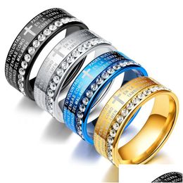 Bagues de bande Classique Espagne Bible Écriture Croix Couple avec Cristal Relin Verset Bague en acier inoxydable pour hommes femmes mode goutte Dhjv0