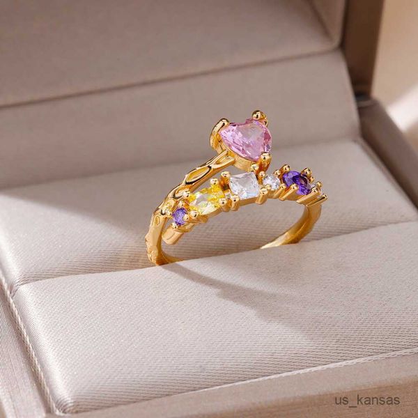 Anillos de banda Anillos de corazón rosa de circón de color para mujer Anillo ajustable de corazón de acero inoxidable 2023 Regalo de joyería de boda estética de tendencia R230726