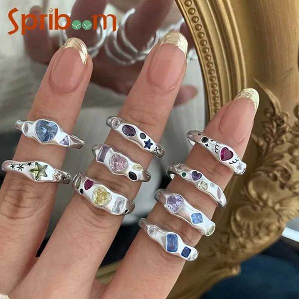 Anillos de banda anillo de circón de color para mujeres irregulares mate metal vintage