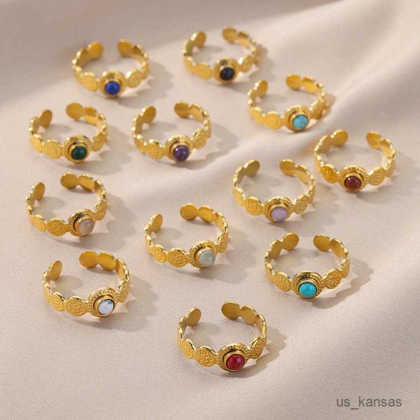 Anneaux de bande boule colorée opale anneau pierre naturelle anneaux pour femmes ouvert en acier inoxydable couleur or bague bijoux cadeau femme R230725