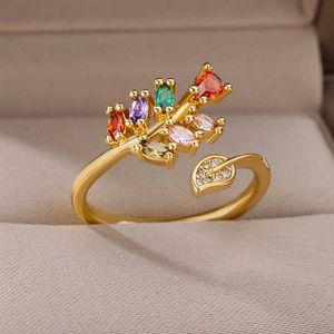 Bandringen kleurrijke zirkoonbladeren voor vrouwen roestvrij staal goud kleurring romantische bruiloft vintage esthetische sieraden bague femme g230213