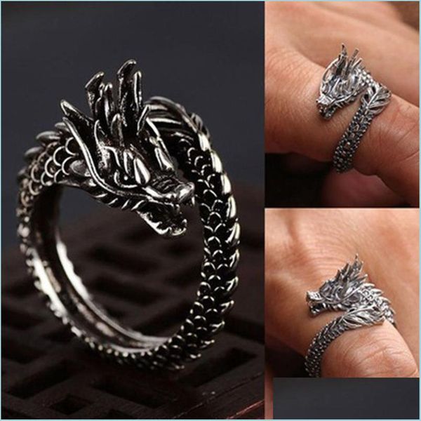 Anneaux de bande Cool Ouverture Hommes Femmes Bijoux Réglable Sterling Dragon Bague Bons Cadeaux Alliage Animal Métal Unisexe Gothique Punk Drop Deliv Dhwbq