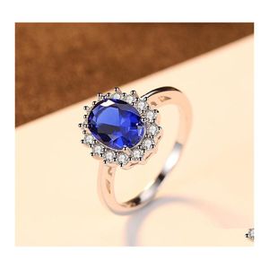 Anillos de la banda cre￳ el anillo de zafiro azul Princess Crown Halo Engagement Wedding 925 Sterling Sier para mujeres 2021 1227 T2 Drop entrega J Othxo