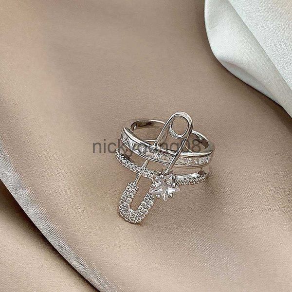 Anneaux de bande Creative Micro-Incrusté Zircon Goupille De Sécurité Anneau Double Couche Ouvert Bague Bijoux Pour Femme x0625