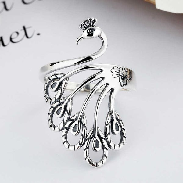 Bagues de bande Creative Paon Sterling Silver Large Face Bague Femme National Style Thai Silver Phoenix Old Ring Em0j