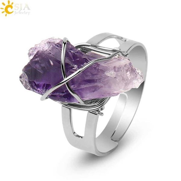 Anillos de banda CSJA Anillo de mujer Piedra natural Cristal irregular Color plata Alambre envuelto Anillos abiertos ajustables Reiki Joyería de moda Fiesta G559 240125