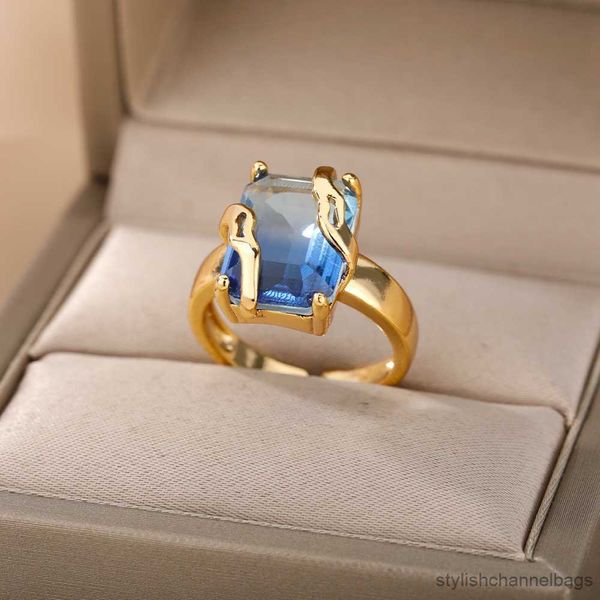 Anillos de banda Circón cúbico Anillos de piedra cuadrados azules para mujeres Anillo de dedo de piedra cuadrado de acero inoxidable Fiesta Estética Regalo de joyería de San Valentín