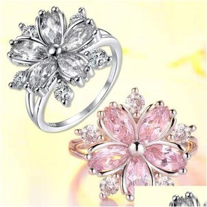 Band anneaux mignon femelle rose cristal stone ringon charme sier couleur mince mariage pour les femmes fleur de mariée zircon fiançailles