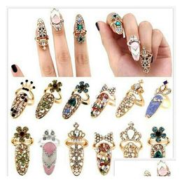 Band Ringen Leuke Strass Strik Vinger Nagel Ring Voor Vrouwen Kroon Bloem Kristal Persoonlijkheid Art Resizable Knuckle Fashion Party D Dhcct