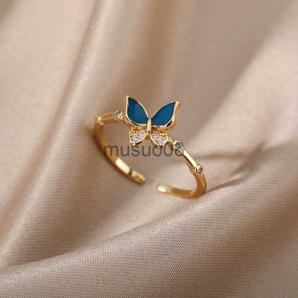 Anillos de banda Lindo Circón Costeo de mariposa ANILLAS ABIERTAS PARA MUJER Azules Azules de insecto Ajuste de dedo Ajustable Joya de boda bohemia J230817