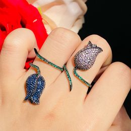 Bandringen CWWZircons Tweekleurige Zirkonia Trendy Koningsblauwe Roos Bloem Verstelbare Open Ring voor Vrouwen Verlovingsbruiloft Sieraden R193 221119