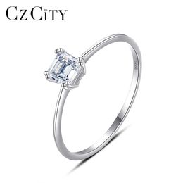 Anillos de banda CZCITY Asscher Cut 925 Silver CZ Ring Small Cute Sqaure Cubic Zirconia Anillos de dedo originales Bandas de mujer Joyería de moda clásica G230213