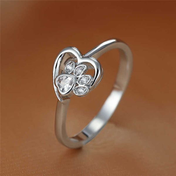 Anneaux de bande Délicat creux couleur argent bague de mariage blanc Zircon rose cristal coeur pierre anneau mignon chat patte chien griffe anneaux pour femmes bijoux G230213