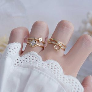 Bandringen Fijne Sieraden 14K Vergulde Doorboorde Bloem Verstelbare Kristallen Ringen Voor Vrouwen Luxe Kubieke Zirkoon Verlovingsringen AA230417