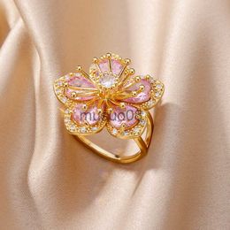 Bandringen Delicate roze zirkoonbloemringen voor vrouwen goud vergulde roestvrijstalen ring 2023 trend elegante luxe esthetische sieraden anillos J230817