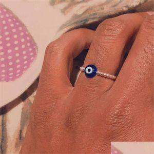 Anneaux de bande Démon Evil Eye Réduire la pression Bague en verre perlé pour les femmes Exquis Relax Anxiété Fidget Méditation Anneaux réglables Jewel Dhh9A